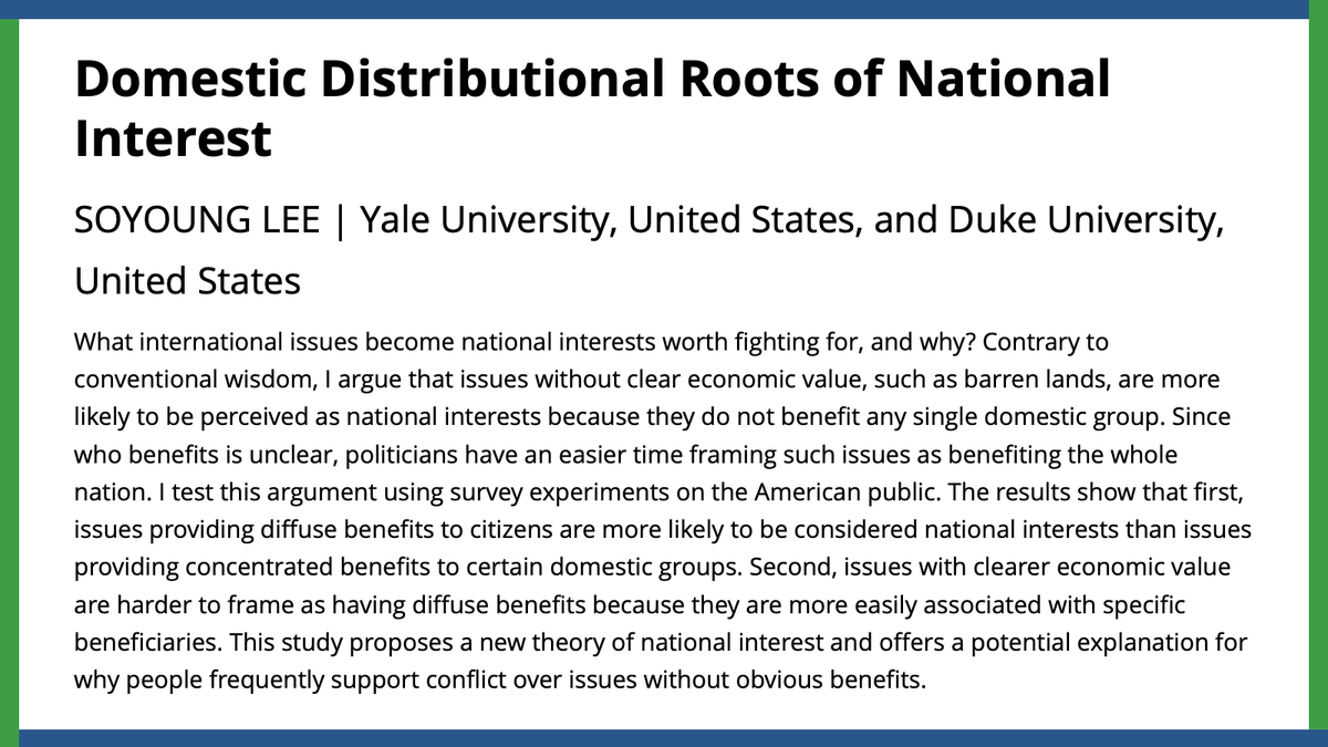 What international issues become national interests worth fighting for? @soyounglee37 argues issues without clear economic value are more likely to be seen as national interests because they do not benefit any single domestic group in this #APSRFirstView. ow.ly/Hunx50QK9G9