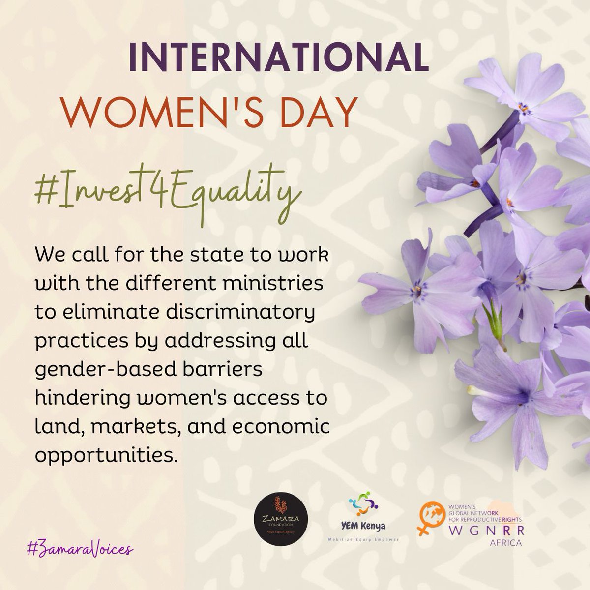 This is a call to Government to work in collaboration with other ministries to eliminate discriminatory practices that affect women & girls in all their diversity.
#Invest4Equality
#ZamaraVoices