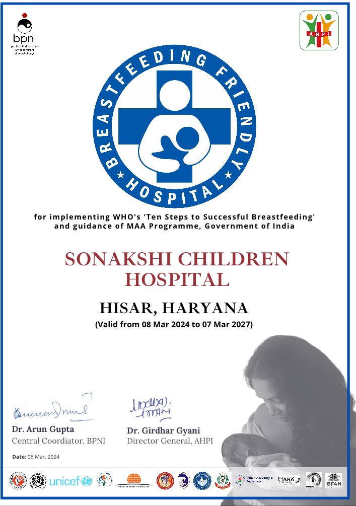 Congratulations Sonakshi Children Hospital Hisaar Haryana for this achievement as “Breastfeeding Friendly” @bpniindia welcomes you for joining this movement. @MoHFW_INDIA @cmohry @ahpi_india @iapindia @fogsiofficial We invite maternity hospitals to join this movement!!