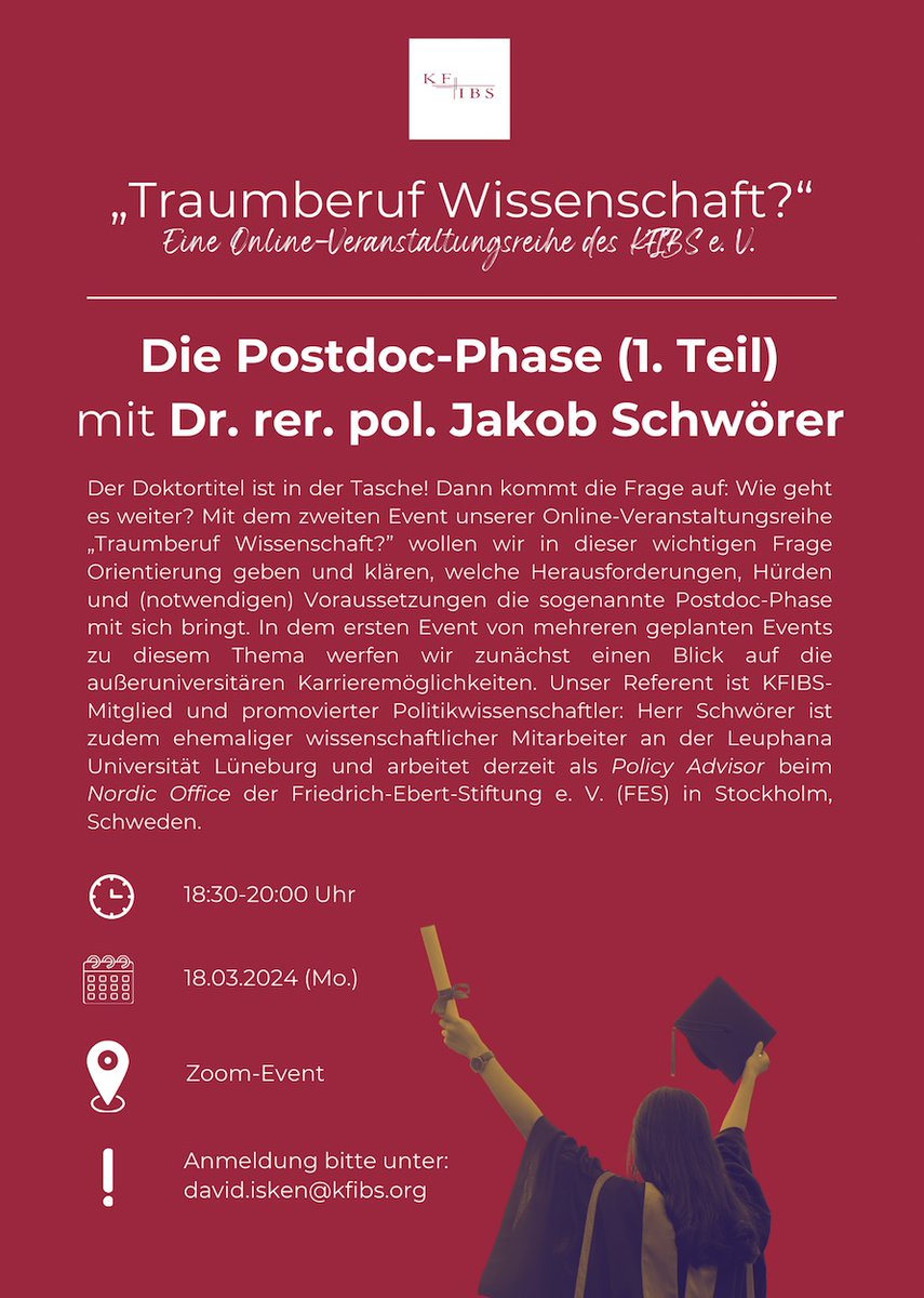 KFIBS e. V. (@kfibs_ev) on Twitter photo Zweite Sitzung unserer Informationsreihe "Traumberuf Wissenschaft?" 🚨
Zum Thema "Postdoc-Phase" mit Dr. <a href="/SchworerJakob/">Jakob Schwörer I @Jakobschwoerer@det.social</a> und Dr. <a href="/cs_arnautovic/">Sascha Arnautović</a> + <a href="/DavidIsken/">David Isken</a> als Moderatoren.
📅 18.03. ab 18:30 Uhr via #Zoom
📨 Anmeldung unter david.isken@kfibs.org
Wir freuen uns auf euch!🥳 Zweite Sitzung unserer Informationsreihe "Traumberuf Wissenschaft?" 🚨
Zum Thema "Postdoc-Phase" mit Dr. <a href="/SchworerJakob/">Jakob Schwörer I @Jakobschwoerer@det.social</a> und Dr. <a href="/cs_arnautovic/">Sascha Arnautović</a> + <a href="/DavidIsken/">David Isken</a> als Moderatoren.
📅 18.03. ab 18:30 Uhr via #Zoom
📨 Anmeldung unter david.isken@kfibs.org
Wir freuen uns auf euch!🥳