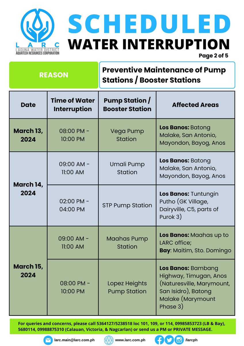 LARCph's tweet photo. Please be advised of the SCHEDULED water interruption. Low water pressure to no water supply may be experienced. Please check this post from time to time for updates.

#LARCph https://t.co/W4lVWG0Dtp
