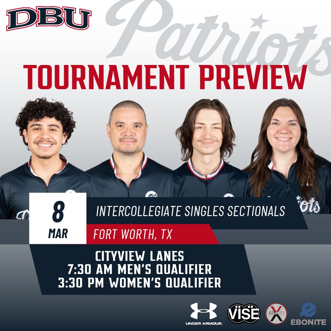 Good luck to our Patriots competing in the Intercollegiate Singles Sectionals today in Fort Worth, which will complete the 2023-24 season.

📱Stay tuned to the DBU Bowling IG & FB Stories for score updates! 

#Champions4Christ #AudienceOfOne ✝️