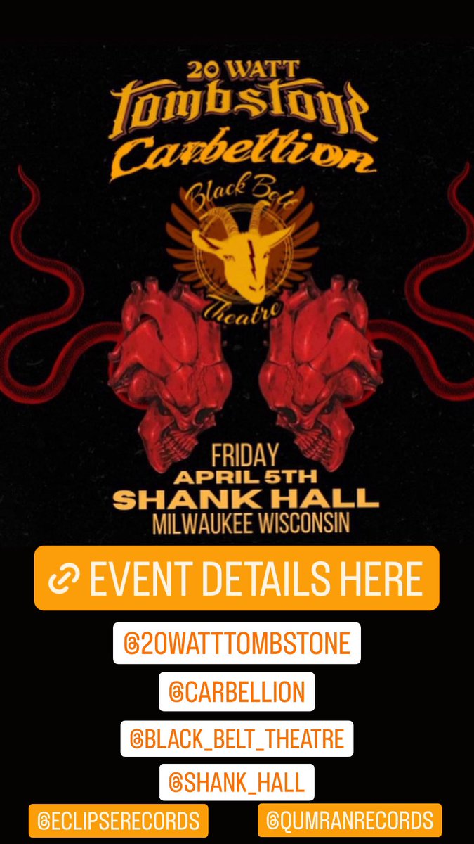 carbellion's tweet photo. SHOW ALERT
Friday 4/5 at Shank Hall, Milwaukee
20 WATT TOMBSTONE wsg/
CARBELLION, BLACK BELT THEATRE
@20watttombstone #carbellion #eclipserecords #qumranrecords #20watttombstone #blackbelttheatre #shankhall #milwaukee #concert #touring #rockshow #wisconsin #rocknroll https://t.co/zW2PSWzieW