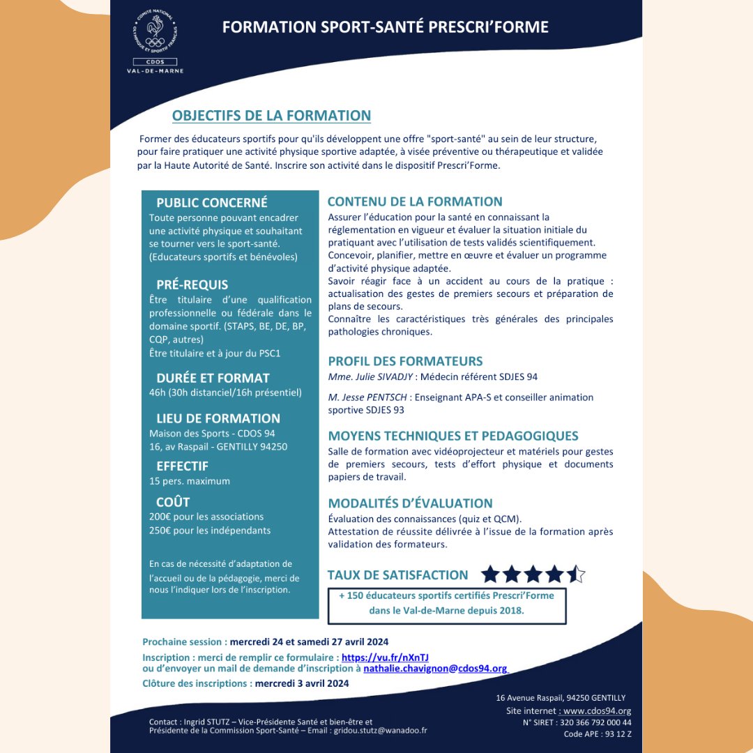 cdos94's tweet image. 📣Formation Sport Santé Prescri'Forme duCDOS 94 ! 👩‍⚕️ 📷 24&amp;amp;27 avril 2024 |  📷 €200(Associations) | €250(Indépendants) 📷 Inscriptions avant le 3 avril 2024 : 𝐧𝐚𝐭𝐡𝐚𝐥𝐢𝐞.𝐜𝐡𝐚𝐯𝐢𝐠𝐧𝐨𝐧@𝐜𝐝𝐨𝐬𝟗𝟒.𝐨𝐫𝐠 Infos &amp;amp; Programme 📷#FormationSportSanté ⬇️