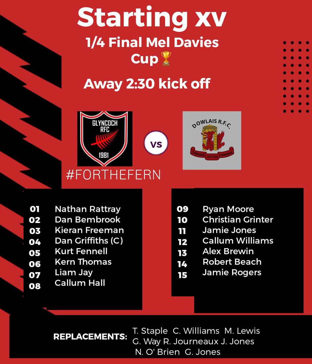GlyncochRFC123's tweet photo. Our starting squad to take on Dowlais this weekend🔴⚫️🏆
#forthefern🔴⚫️ https://t.co/rSkJq3BTuz