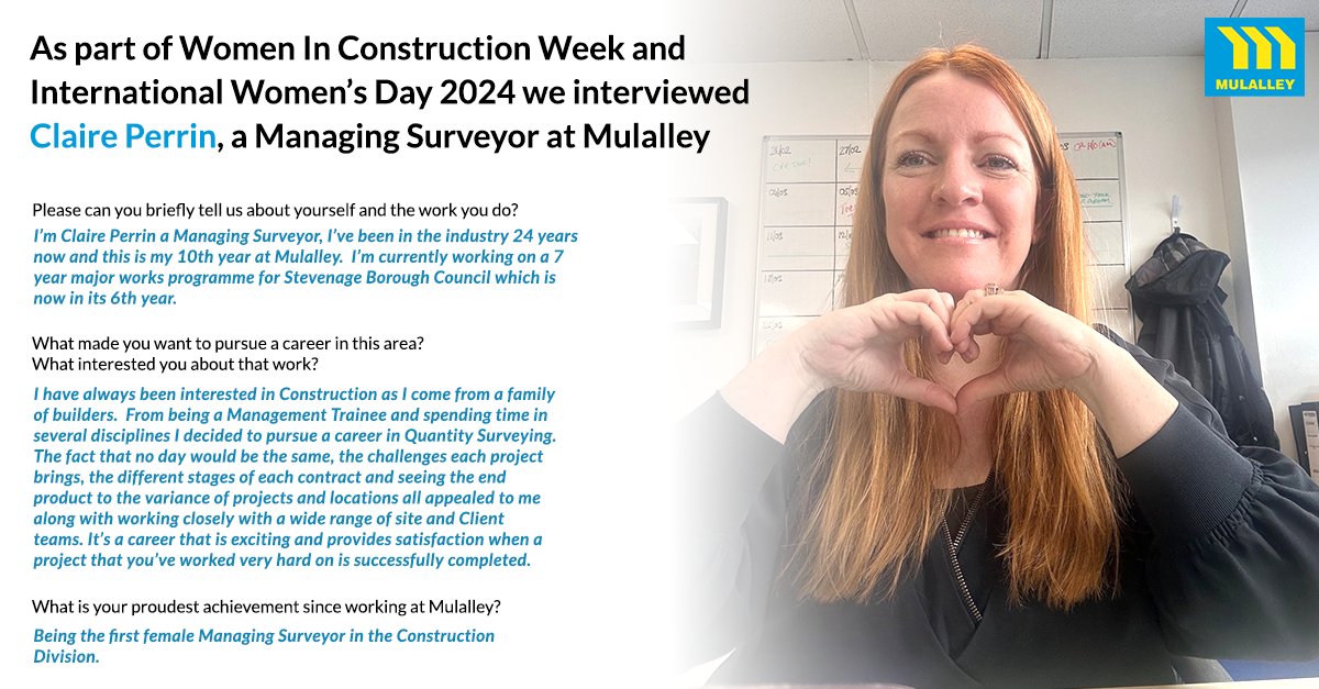 Our third interview for #internationalwomensday2024 and Women In Construction week is Claire Perrin, a Managing Surveyor at Mulalley.