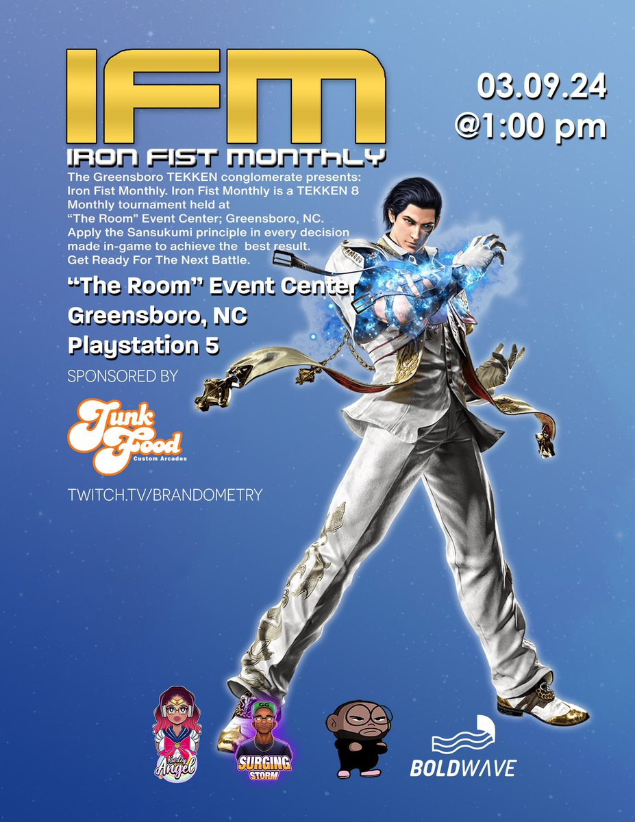 brandometry's tweet image. Tomorrow! 

@IronFistMonthly returns to  “The Room” Event Center in Greensboro, NC. 03.09.24!

⏱️ Doors @ 12p, Brackets @ 1p
💰$10 Venue $10 Entry
📝 start.gg/IFM23
📺 twitch.tv/brandometry