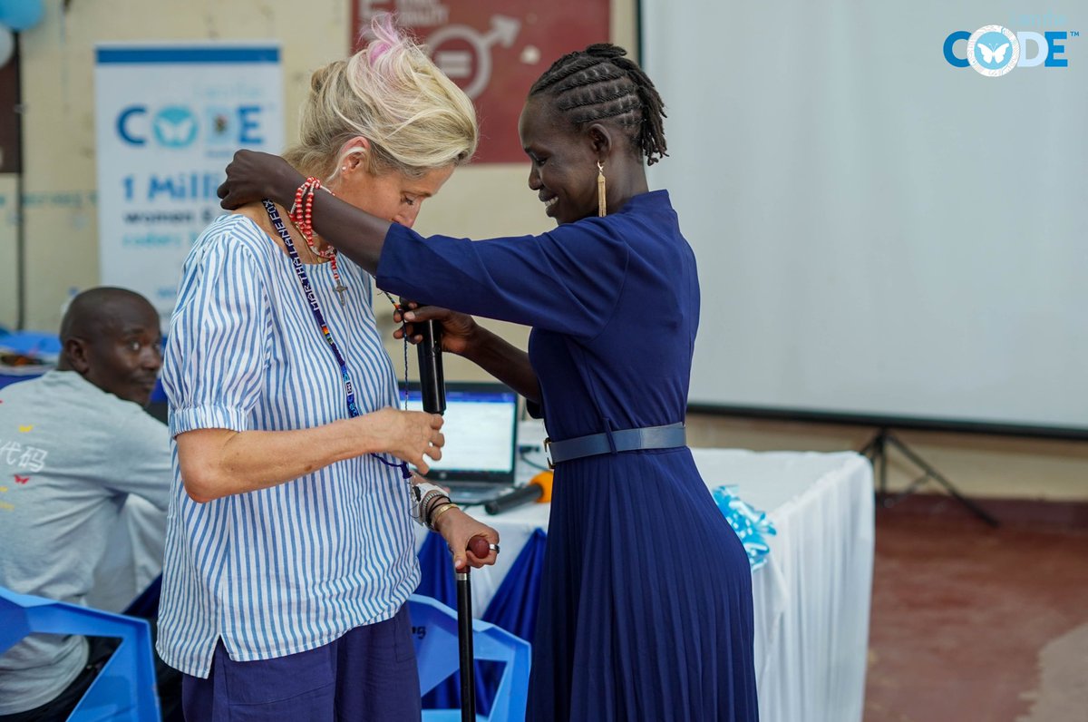 I celebrate Rose on #iwd she lives in kakuma refugee camp and manages the <a href="/i_amthecode/">iamtheCODE- Enabling Girls Coders by 2030 #SDGs</a> girls caring deeply for them against a backdrop of life with no running water or electricity- she is giving me a present in the pic which is clearly absurd as we should be giving her a medal…