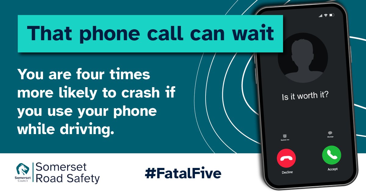 Taking a phone call, reading that text, changing the song, changing the destination… All of these things can kill you if you use your phone while driving. Is it worth your life? If it can't wait, pull over. For more about the #FatalFive 👉somersetroadsafety.org/fatal-five/