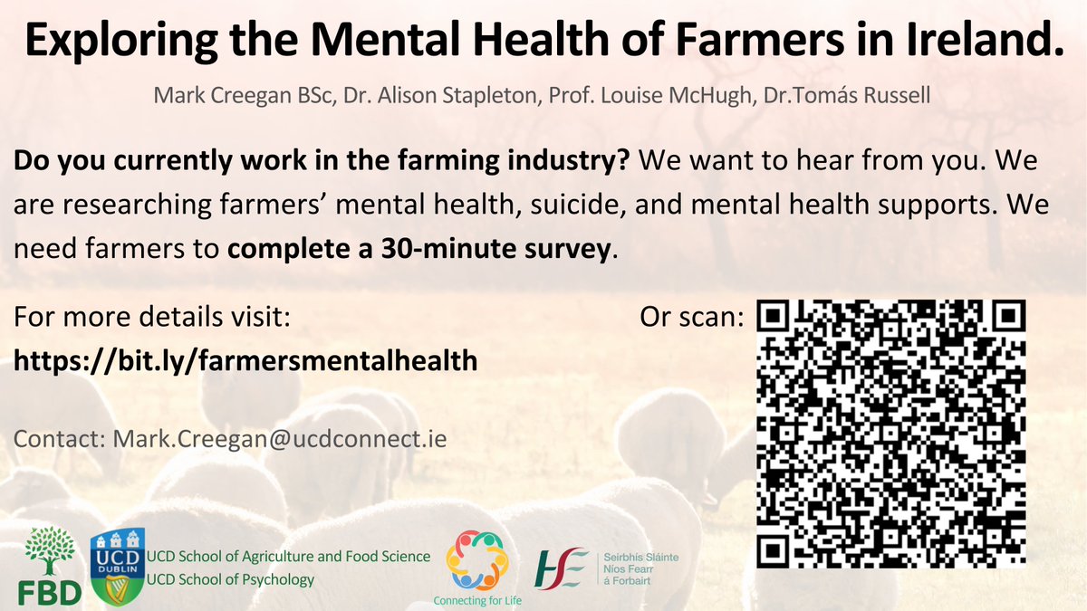 We are looking for farmers to complete this really important survey on mental health. Click on the link here bit.ly/farmersmentalh… or scan the QR code below.