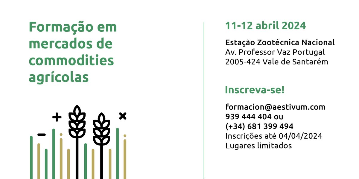 ¡Inscríbete a nuestro curso Formaçao em mercados de commodities agrícolas!  Tendrá lugar en Estaçao Zootécnica Nacional Santarém - Portugal, el 11 y 12 de abril de 2024. Agradecemos de antemano la colaboración de IACA en la promoción de este curso.