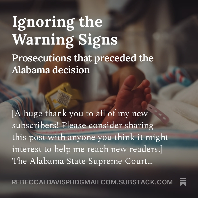 Today's 'Carnal Knowledge' looks at how opponents of reproductive autonomy tested the idea of 'fetal personhood' decades before the state of Alabama defined human embryos as 'extrauterine children.' rebeccaldavisphdgmailcom.substack.com/p/ignoring-the…