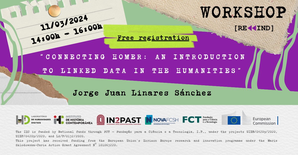 Laboratório de Humanidades Digitais (Lab_HDig) (@lab_hdig) on Twitter photo You can still register for the next <a href="/Lab_HDig/">Laboratório de Humanidades Digitais (Lab_HDig)</a> and REWIND project workshop. Jorge Juan Linares Sánchez is going to talk to us about #LOD methodology, vocabularies and tools. Don't miss it!
⏰ 11th March, 2024 (Zoom). Register here: forms.gle/HFr1mGp8NDnKY9… You can still register for the next <a href="/Lab_HDig/">Laboratório de Humanidades Digitais (Lab_HDig)</a> and REWIND project workshop. Jorge Juan Linares Sánchez is going to talk to us about #LOD methodology, vocabularies and tools. Don't miss it!
⏰ 11th March, 2024 (Zoom). Register here: forms.gle/HFr1mGp8NDnKY9…