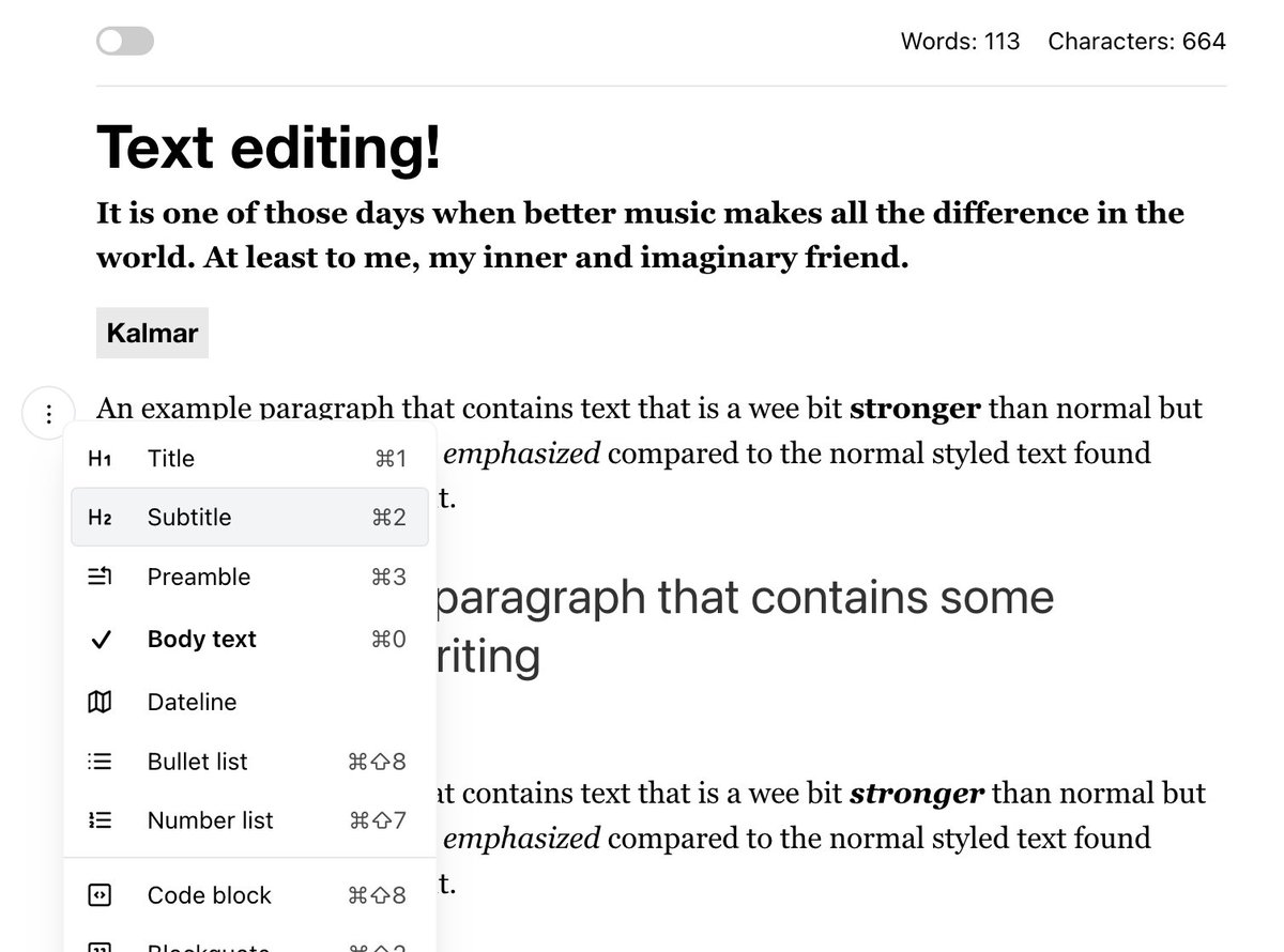 DanneLundqvist's tweet photo. Have had a fantastic ๐ time working on a new editor the last few months. A customizable and styleable (through custom css or tailwind) "headless UI" editor component. Not ready for production just yet but coming along nicely! #react #headlessui #slatejs https://t.co/CFrrJlsS3M