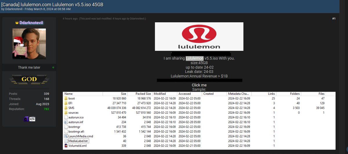 #Databreach Alert⚠️

Data of @Lululemon Athletica Inc, a Canadian-American multinational athletic apparel retailer, has been breached and is available for download on a private forum.

#Lululemon #Darkweb #Cyberattack #lululemonFURTHER #Dataleak