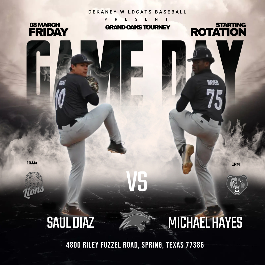 It's game day for our Wildcats, with Saul Diaz on the mound first at 10 AM against LakeCreek, and Michael Hayes on the mound against Grand Oaks at 1 PM. Come out and support your Wildcats. Let's go, Big Blue! #webleedblue #dekaneywildcatsbaseball