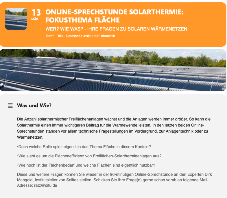 solnetz's tweet photo. Am 13. März für alle Interessierten v.a. aus Kommunen: #Online-#Sprechstunde des Deutschen Instituts für Urbanistik @difu_d. Was man über Flächen für große #Solarthermie-Anlagen für #Fernwärme schon immer wissen wollte.
https://t.co/P5ASZOHpNr https://t.co/uZHUjGkTPF