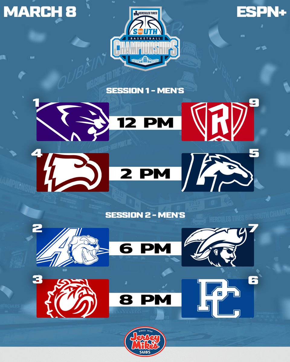BigSouthSports's tweet photo. 𝗠𝗘𝗡'𝗦 𝗤𝗨𝗔𝗥𝗧𝗘𝗥𝗙𝗜𝗡𝗔𝗟𝗦 🏆

Happy Friday from the 2024 @HerculesTires Big South Basketball Championships!

#BigSouthMBB | @jerseymikes https://t.co/EKZqjhd8Q1