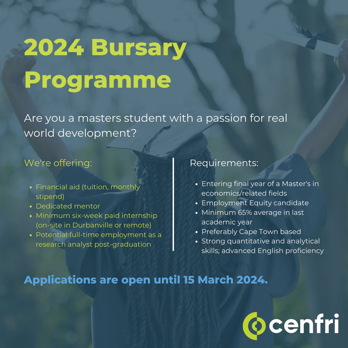 We're excited to announce our 2024 bursary programme, specifically designed for a Masters student with a keen interest in addressing real-world development issues. Open to Employment Equity candidates with financial need, preferably Cape Town-based: lnkd.in/e2P5-dC