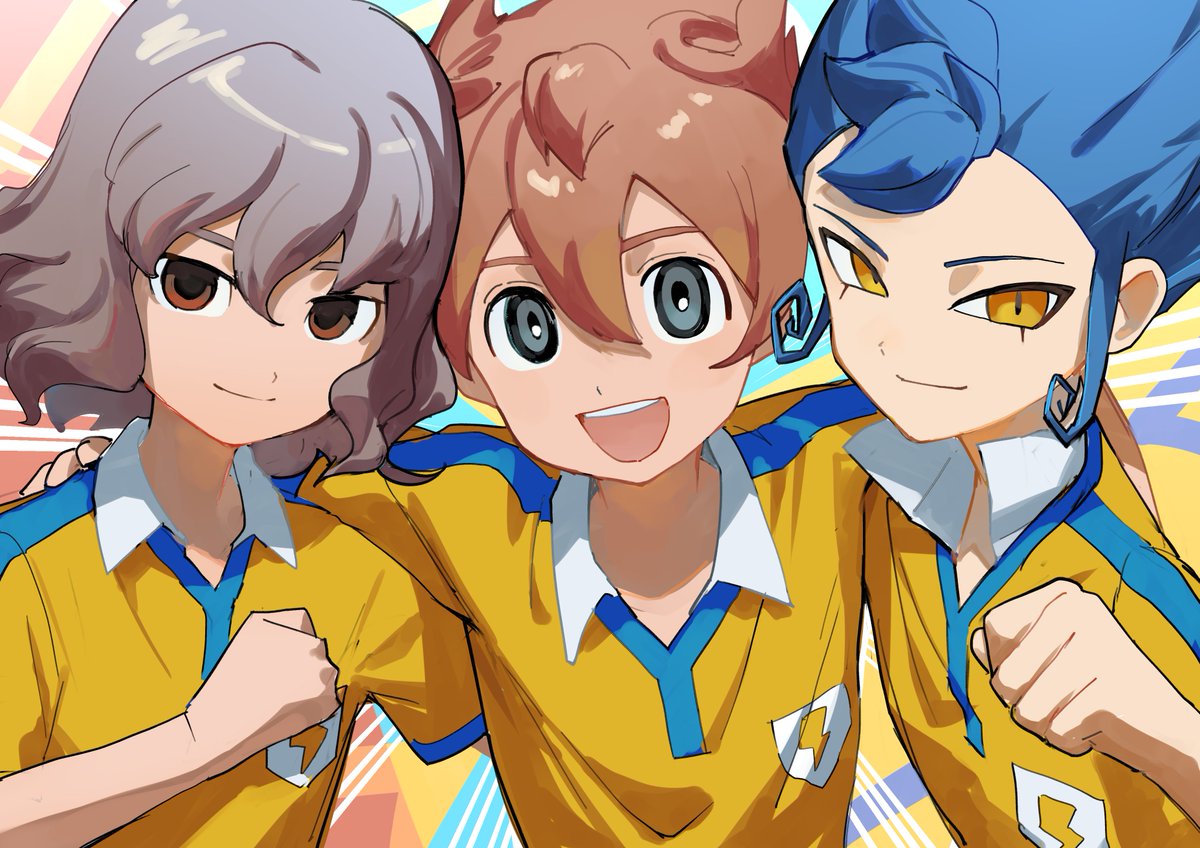 shindou takuto 3boys soccer uniform multiple boys male focus sportswear open mouth brown hair  illustration images