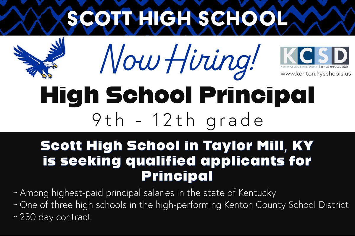 TheKCSD's tweet image. Join #TeamKenton! We are currently hiring for a  principal at @ScottEagles! Learn more: applitrack.com/kenton/onlinea…