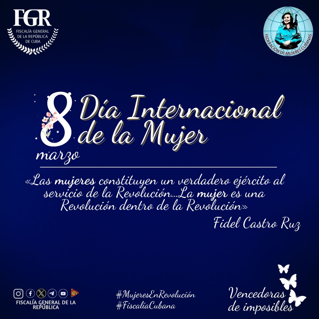 Feliz Día Internacional de la Mujer, para todas las cubanas, en especial para las de la #Fiscalía de #SanctiSpíritusEnMarcha, ejemplares y abnegadas revolucionarias.
<a href="/DeivyPrezMartn1/">Deivy Pérez Martín</a>
<a href="/yamilapenao/">Yamila Peña Ojeda</a>
<a href="/AlexisLorente74/">Alexis Lorente Jiménez</a>
<a href="/FGR_Cuba/">Fiscalía de Cuba</a>
<a href="/AmparoPereiraR1/">Amparo Pereira Rosa</a>