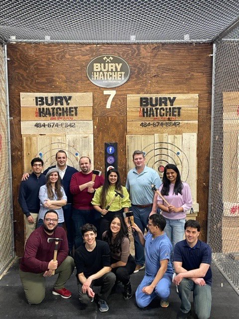 Capturing the moment of epic camaraderie in our Mercy Radiology department! Our residents and attending physicians honing their skills with precision at Bury the Hatchet Axe Throwing ! Sharpening our diagnostic accuracy, one bullseye at a time! 🎯 🪓 #TeamBuilding #Radres