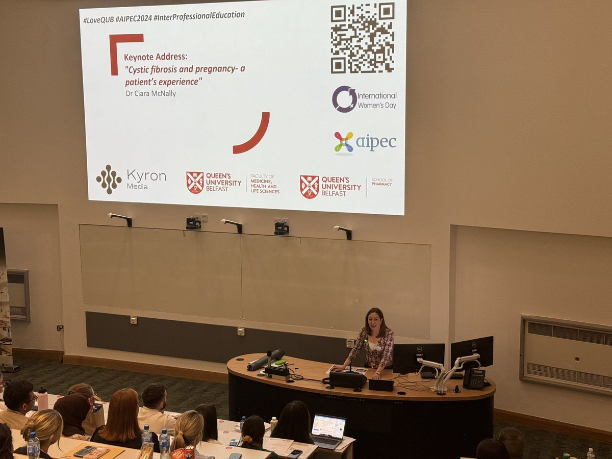 Fantastic keynote from Dr Clara McNally tells our students teams at @AIPEC24 that holding the person at the centre of care, as well as compassion and empathy are key to the care of people with cystic fibrosis #interprofessionaleducation #AIPEC2024 #loveQUB