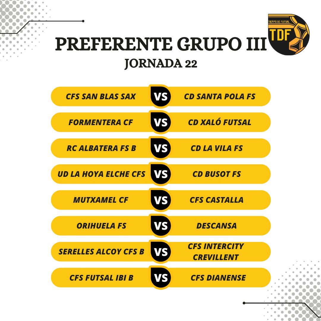 Tiempo de Futsal (@tdfutsal) on Twitter photo 𝘗𝘙𝘌𝘍𝘌𝘙𝘌𝘕𝘛𝘌 𝘎𝘙𝘜𝘗𝘖 𝘐𝘐𝘐. 𝘑𝘖𝘙𝘕𝘈𝘋𝘈 22
⭐ El CFS Intercity Crevillent se desplaza hasta Alcoy para medirse a uno de sus verdugos en la primera vuelta del campeonato. El encuentro entre CFS Intercity Crevillent y <a href="/SerellesAlcoyFS/">Serelles Alcoy CFS</a> B se celebrará en el Pabellón 𝘗𝘙𝘌𝘍𝘌𝘙𝘌𝘕𝘛𝘌 𝘎𝘙𝘜𝘗𝘖 𝘐𝘐𝘐. 𝘑𝘖𝘙𝘕𝘈𝘋𝘈 22
⭐ El CFS Intercity Crevillent se desplaza hasta Alcoy para medirse a uno de sus verdugos en la primera vuelta del campeonato. El encuentro entre CFS Intercity Crevillent y <a href="/SerellesAlcoyFS/">Serelles Alcoy CFS</a> B se celebrará en el Pabellón