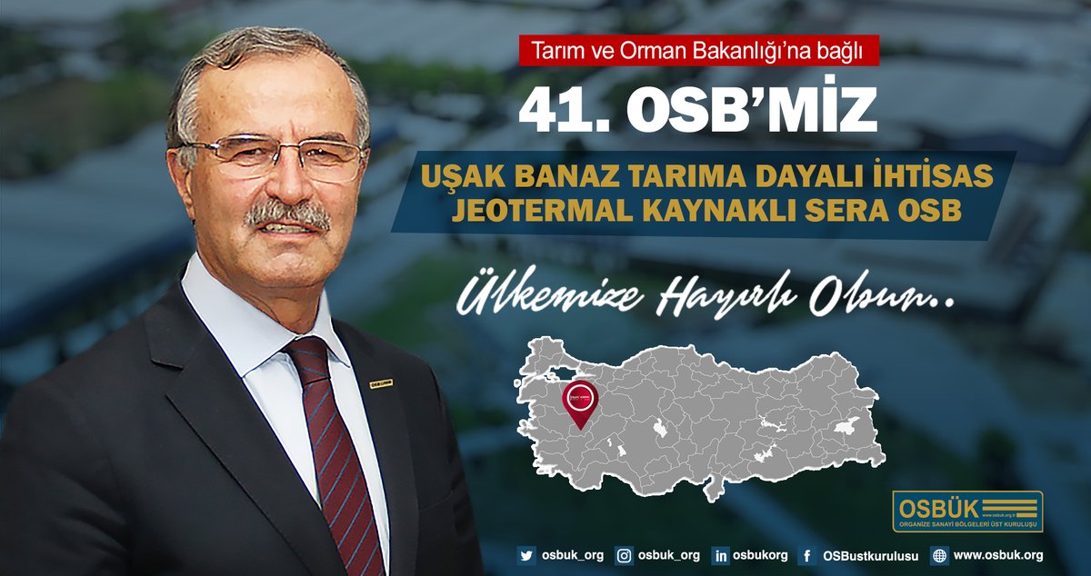 Uşak’ta, “Uşak Banaz TDİ Jeotermal Kaynaklı Sera OSB”nin tüzel kişilik kazanmasıyla Tarım ve Orman Bakanlığı’na bağlı OSB sayısı 41’e yükseldi. Sanayi ve Teknoloji Bakanlığı’na bağlı 361 OSB ile Türkiye’deki toplam OSB sayısı 402’ye ulaştı. “Uşak Banaz TDİ Jeotermal Kaynaklı…