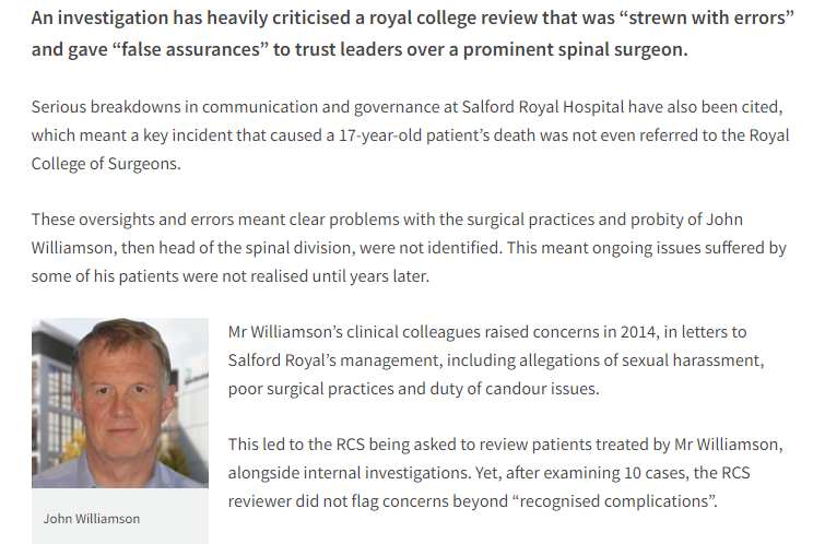 How an 'error strewn' Royal College of Surgeons report & major governance/communication failings at Salford Royal gave false assurances over its ex-spinal division head - & meant his poor surgical pratices that caused multiple harms went un-probed for yrs hsj.co.uk/northern-care-…