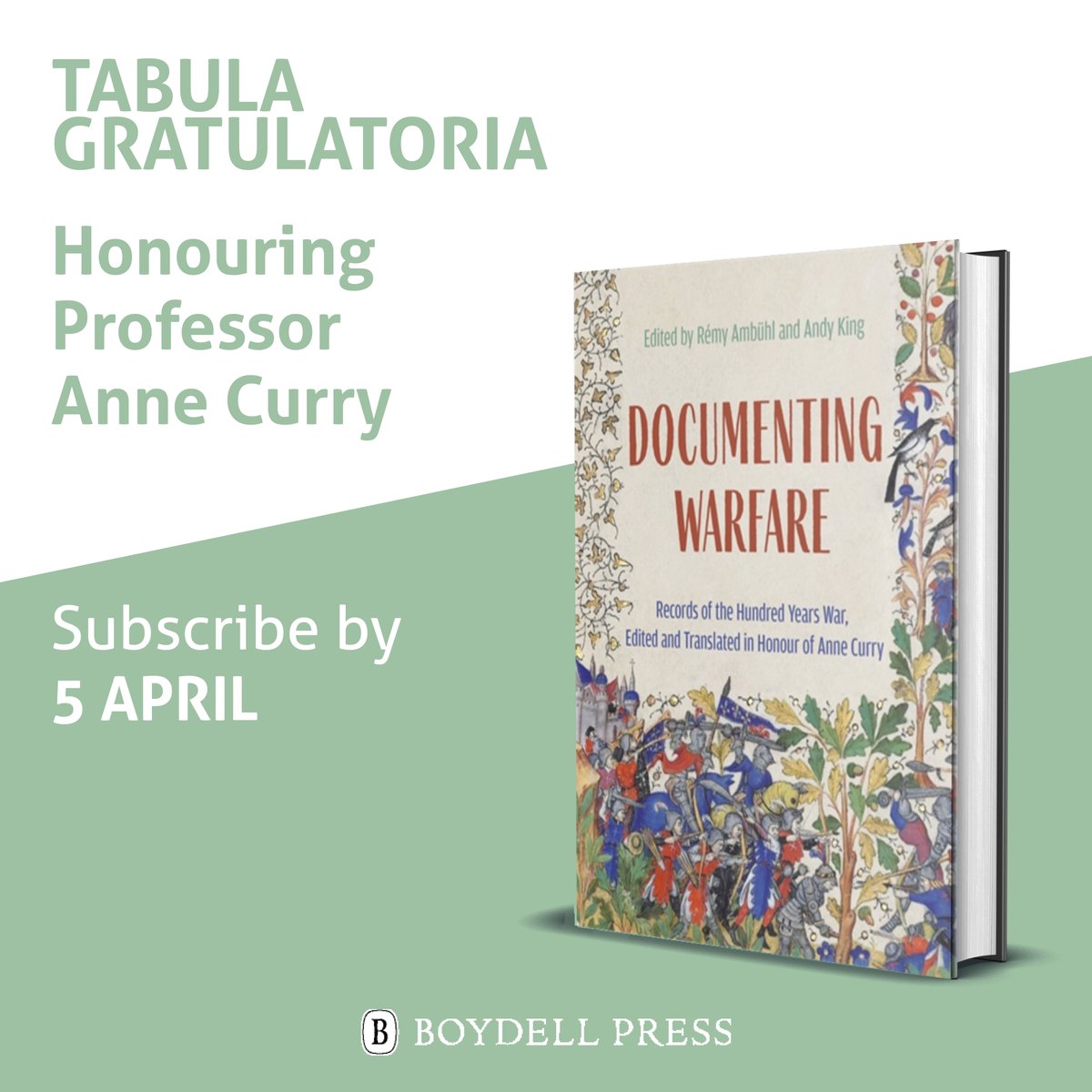 boydellbrewer's tweet photo. We're celebrating the work of Professor Anne Curry. Subscribe to the tabula gratulatoria for "Documenting Warfare: Records of the Hundred Years War, Edited and Translated in Honour of Anne Curry" (Editors Rémy Ambühl and Andy King). 
https://t.co/Pi2zLOq9Sr 
#MedievalTwitter https://t.co/RzhKDX8Ezk