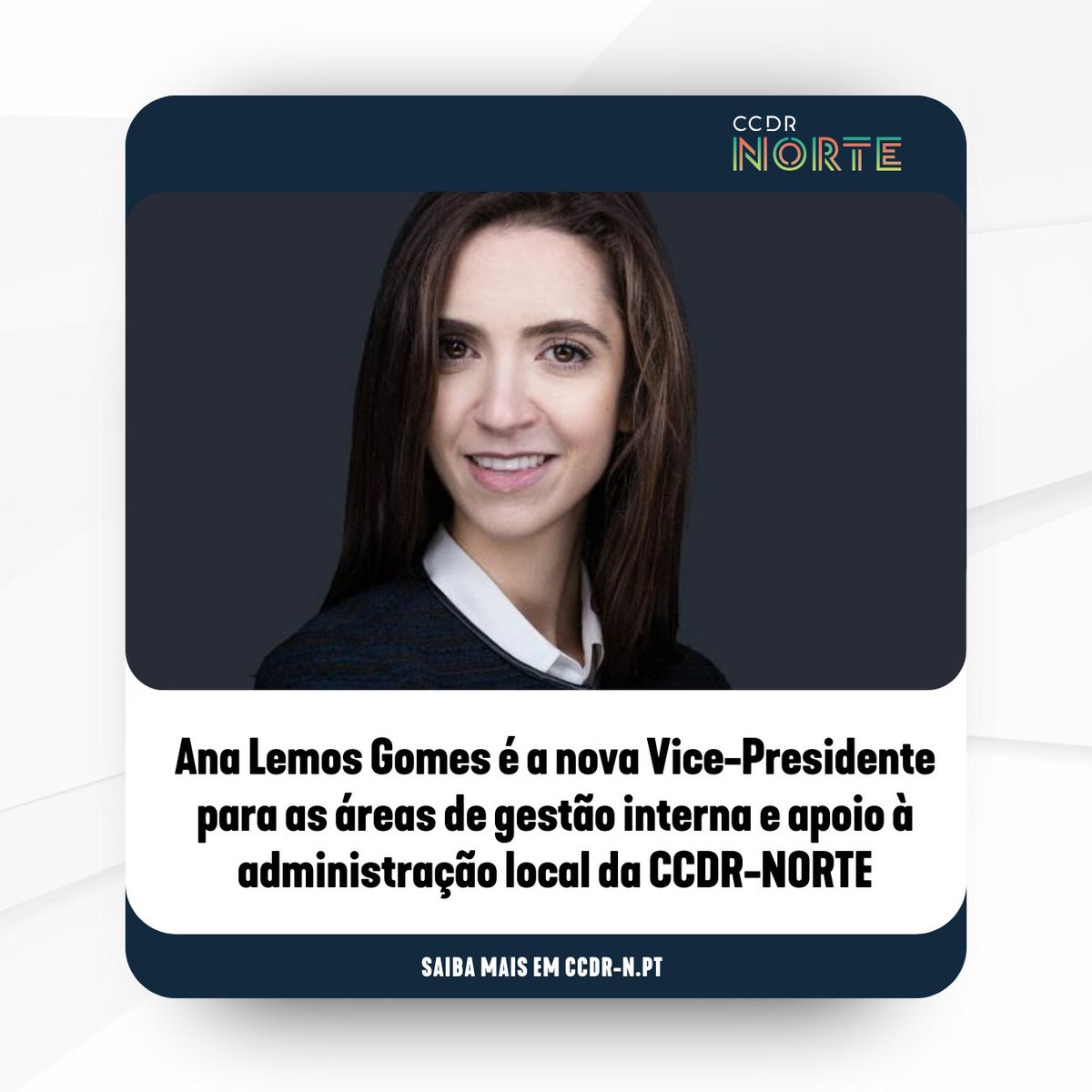 Ana Lemos Gomes é a nova Vice-Presidente para as áreas de gestão administrativa, recursos humanos, gestão financeira e apoio à administração local da CCDR-NORTE. bit.ly/3VgnX9o