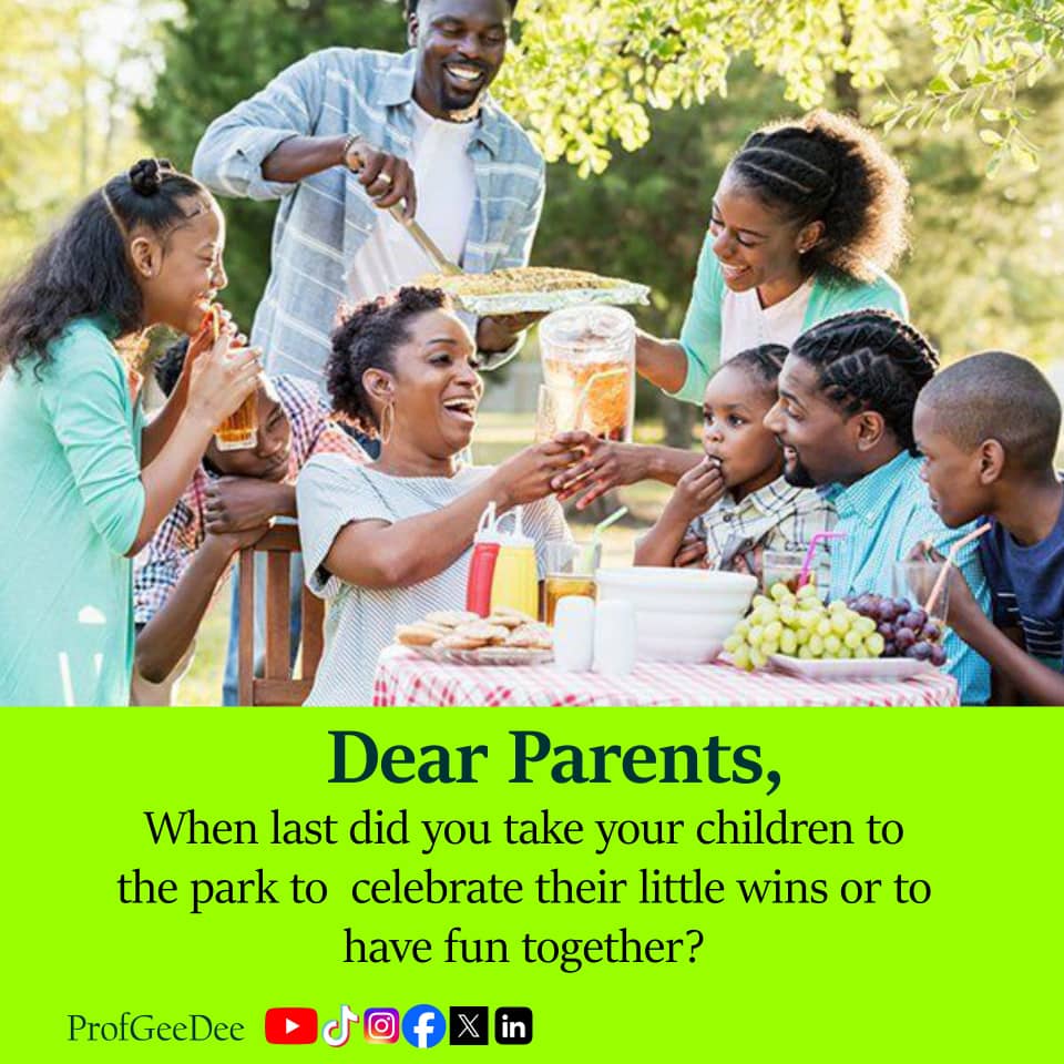Dedicate today to celebrating your children's little wins either by going to the park, having a picnic or playing games today.

#earlyyears
#earlylearning
#earlychildhooddevelopment
#dearparentseries
#profgeedee