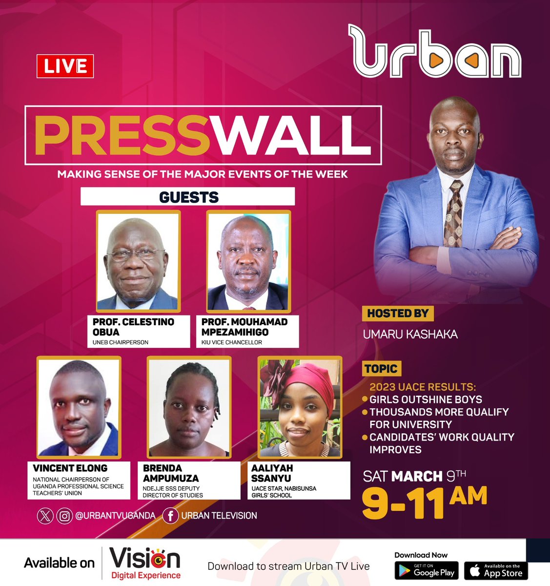 Don't miss #The Press Wall tomorrow on Urban TV at 9:00 am, where we'll be discussing the big headlines of the week. Stay tuned for expert views on the matter @KashakaUmaru #VisionUpdates