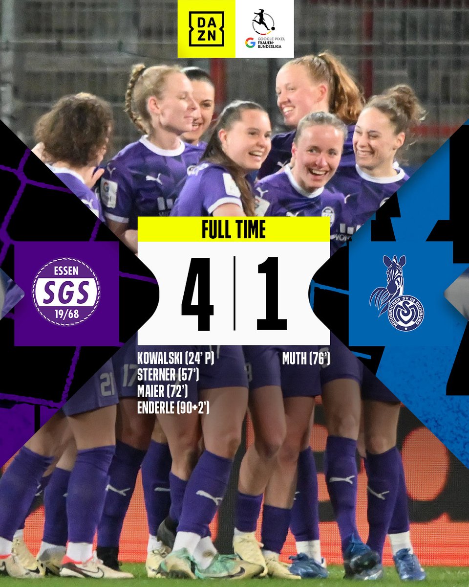 DAZNWFootball's tweet photo. 🟣 Nothing left to chance! Essen end a perfect week: German Cup semi-finalists &amp; derby winners in the league.

#DieLiga #NewDealforWomensFootball https://t.co/1xeKqJLKm2