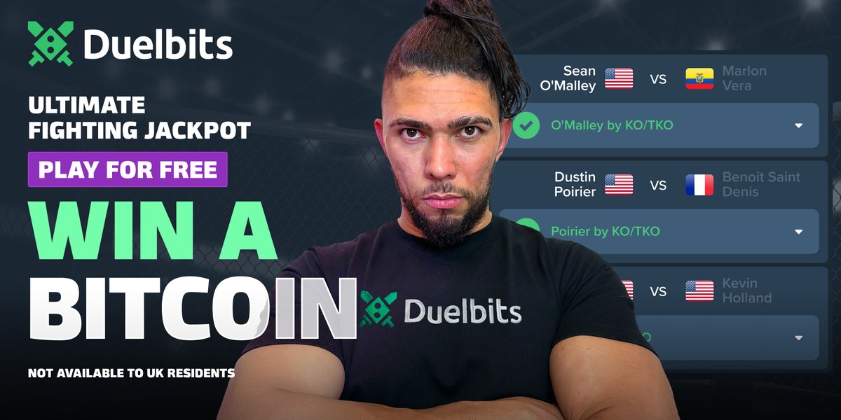 Duelbits's tweet image. 🪙 Win a Bitcoin with our FREE to Play Ultimate Fighting Jackpot!

😍Correctly predict every single winner and method of victory on the fight card and you'll walk away with the Bitcoin Jackpot.

💰There's a guaranteed $2,000 leaderboard with every event!

duel.bz/johnntxduelbits