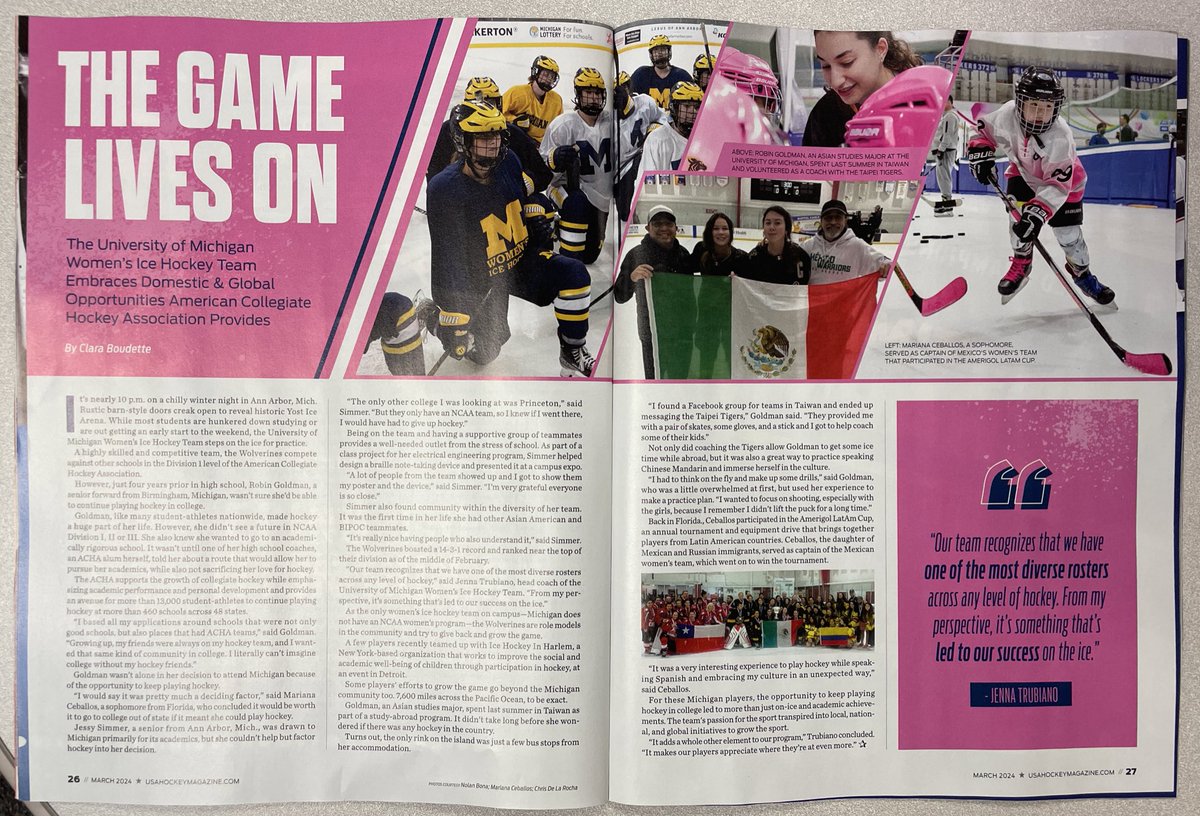 This #InternationalWomansDay we celebrate women in the great game of hockey 🏒 

Im so proud of my latest in USA Hockey Magazine on <a href="/umichwhockey/">Michigan Women’s Hockey</a> and the opportunities the ACHA provides for women who want to continue their passion for hockey in college. Check it out!
