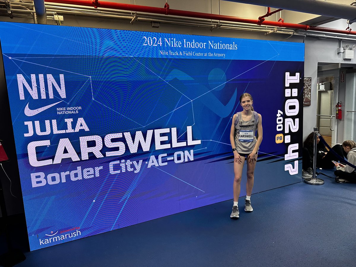 1:02.47 PR for Julia Carswell (Gr.8) at #NikeIndoorNationals @TweetingTrack @BorderCity_AC #TheCityAC