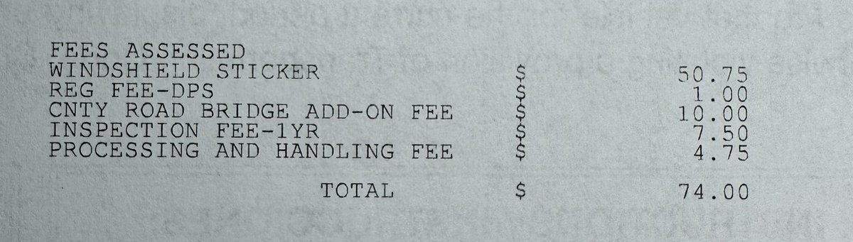 LeeLarimore's tweet photo. @TxDMV question, why are we required to pay for the inspection twice? I pay for the inspection from a mechanic, then go and pay the $7.50 again to you. It doesn’t make sense to me. Please explain. https://t.co/urgOWPILhe