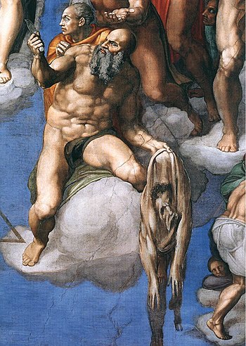 ℹ ! A Very interesting and mostly unknown detail from the famous frescoes of the Sistine Chapel in Rome: The piece that looks like a scrap of skin/rag, is according to tradition (G.Vasari)actually supposed to represent the Creator of the Brilliant Work-MICHELANGELO BUONARROTI 😲