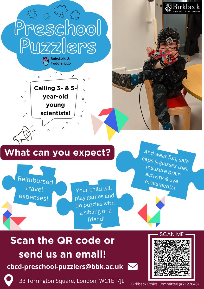 🗣️Calling 3- & 5-year-old scientists for a new @BirkbeckBabylab study! We want to know what's happening in children's brains whilst playing w/ siblings & friends, and we need your help🧠🧩 Email us to learn more! ✉️cbcd-preschool-puzzlers@bbk.ac.uk @VictoriaMousley @PaolaPinti