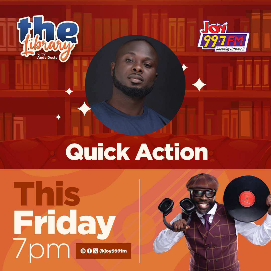 Quick Action takes his turn on #TheLibrary from 7-9pm on Joy 99.7 FM  as @kwawkese, @princybright @stonebwoy, @TiCmusicGh talks about his productions. Tune in!!!