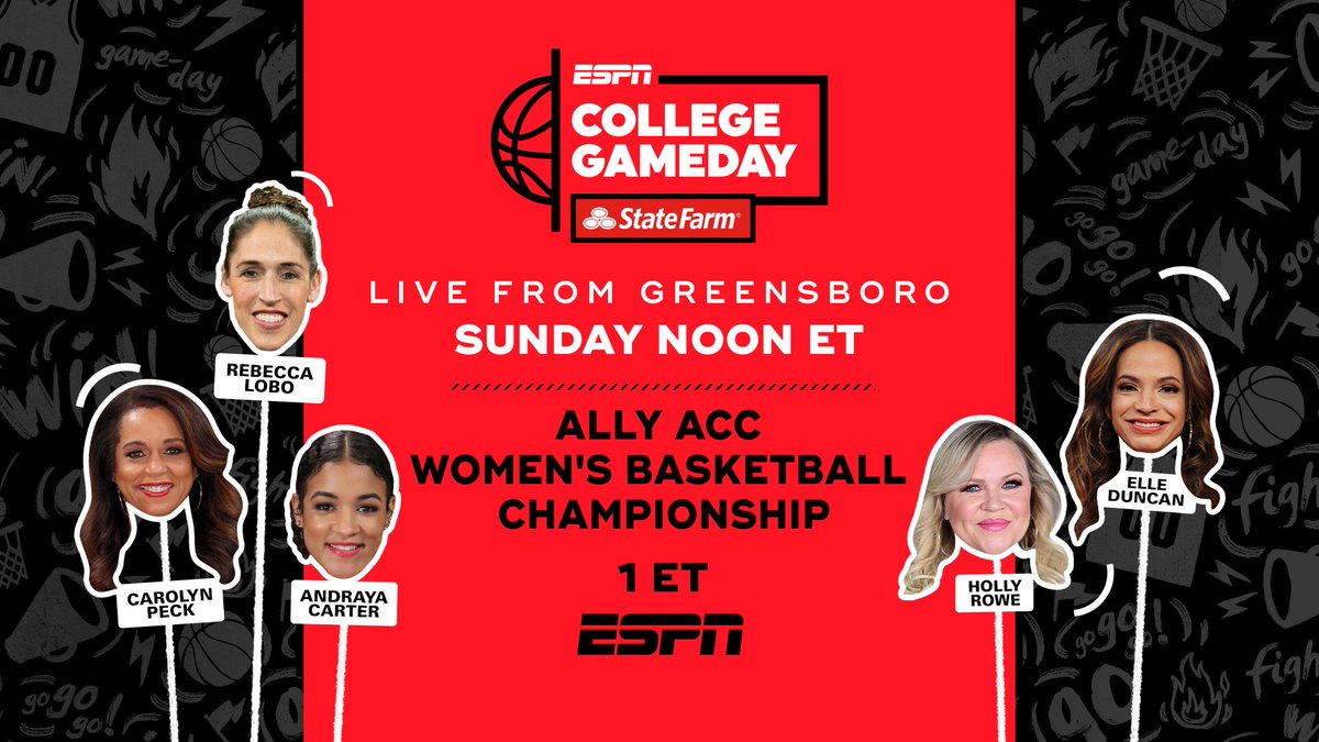 The final women's @CollegeGameDay of the season covers all #NCAAWBB Championship Sunday action 📍@elleduncanESPN & @Andraya_Carter live from Ally @accwbb Champ 📍@CAROLYNPECK joins from #SECWBB Champ 📍@RebeccaLobo & @sportsiren with coverage from #Pac12WBB 🏀 Noon ET | ESPN