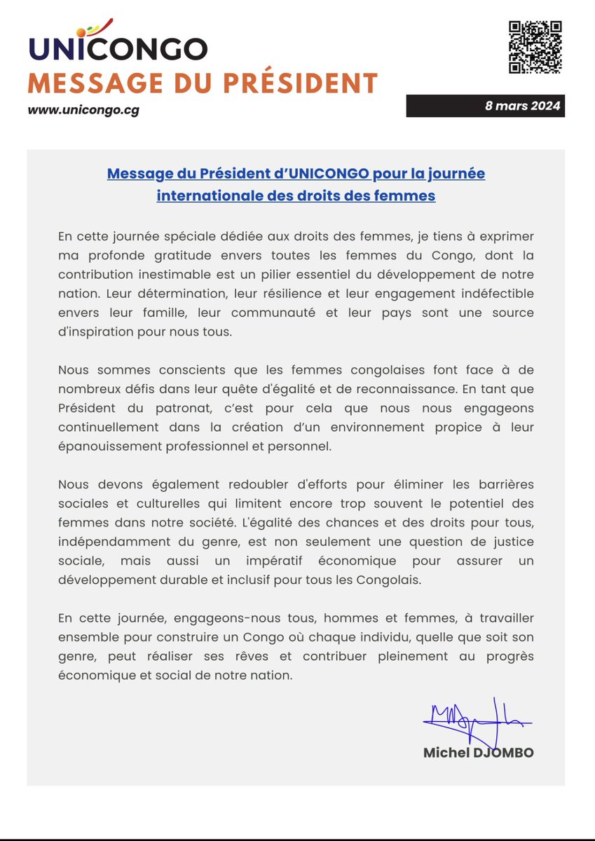 Message du Président d’#Unicongo pour la journée internationale des droits des femmes.