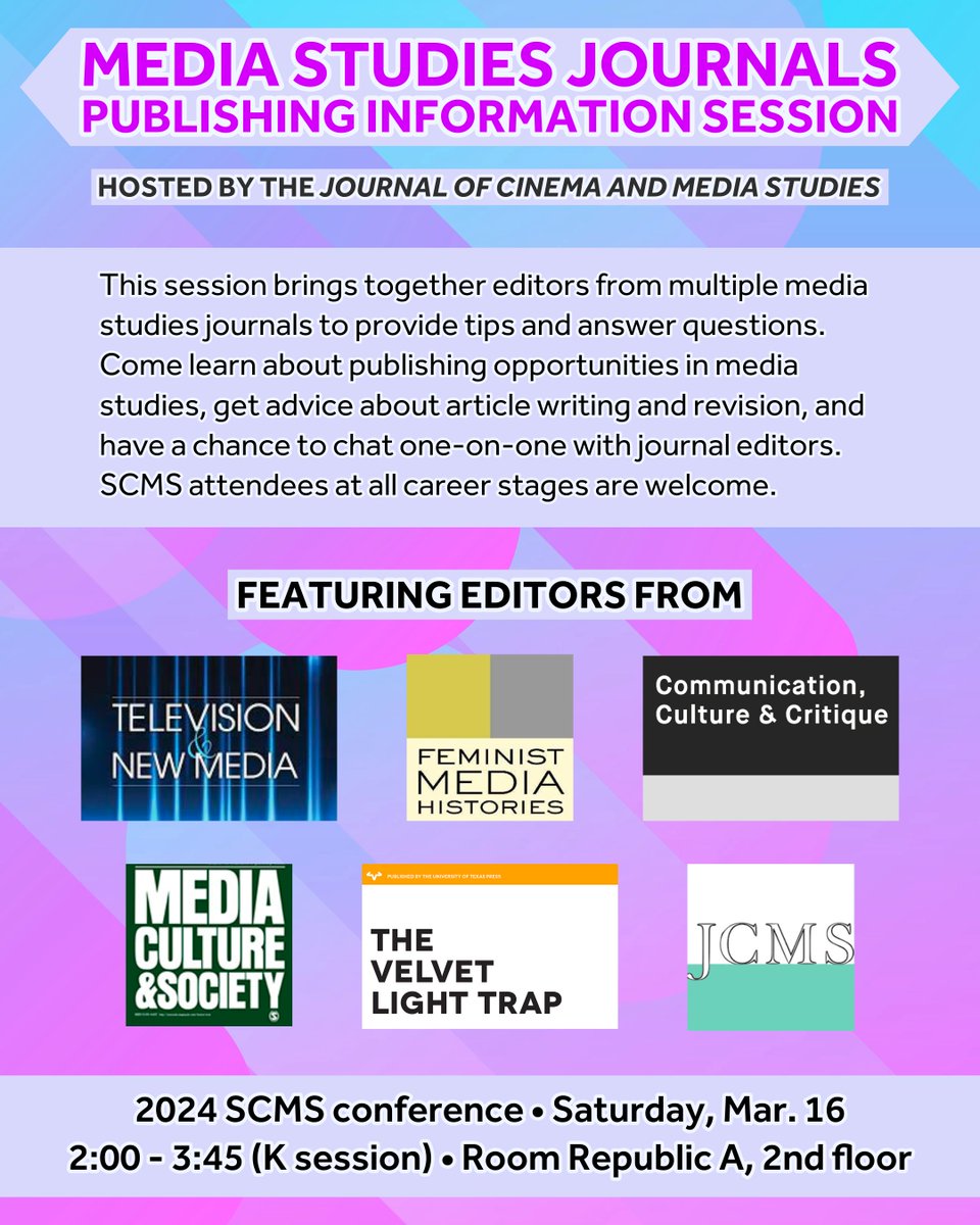 Join us at @SCMS for a Media Studies Journals Publishing Information Session, featuring editors from <a href="/tvnewmedia/">TV & New Media</a>, <a href="/FemMediaHist/">Feminist Media Histories</a>, <a href="/VelvetLightTrap/">Velvet Light Trap</a>, and more!

Saturday, Mar. 16 from 2:00 - 3:45 (K session). Room Republic A, second floor. See you there ✨
