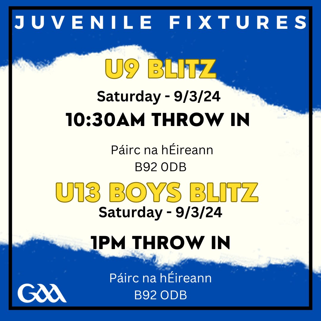 ⚪️🔵 Juvenile Fixtures ⚪️🔵 At 10:30 am we have a U9 blitz, shortly followed by U13’s boys blitz at 1 pm. Both taking place at Páirc na hÉireann. Make sure to get out and support our juvenile teams this weekend, we wish all those involved the best of luck! ⚪️🔵