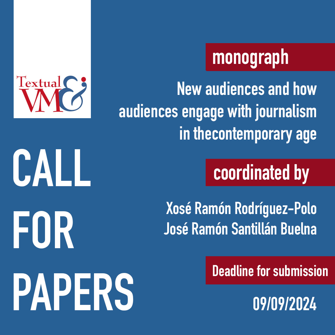 Nuevo #CFP ‘Textual &amp; Visual Media’:

📒 Nuevas audiencias y formas de consumo de los contenidos periodísticos

✍️ Editores: Xosé Ramón Rodríguez-Polo y José Ramón Santillán Buelna <a href="/urjc/">URJC</a> 

🗓️ Hasta 09/09/2024

▶️ acortar.link/YCvM9k