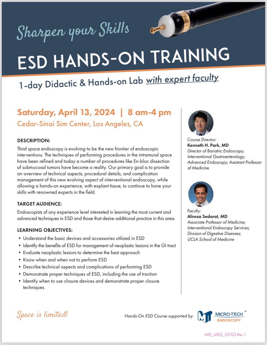 KennethParkMD's tweet photo. Hi GI Twitter! 
Here’s a great opportunity to get 👐 hands-on ESD experience! 
Limited to only a small group and there will be didactics as well!
Will be @ Sim Center at Cedars-Sinai in☀️ Los Angeles! 

Registration is free AND 1 night of lodging paid for by Micro-Tech!

Join us! https://t.co/eA5oVcPfpN