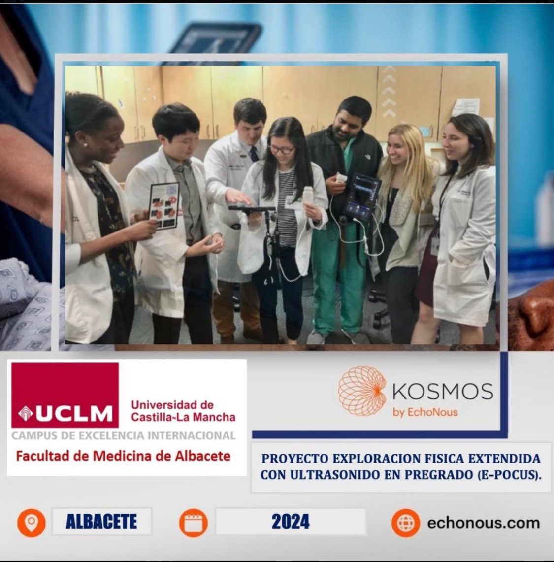 ErickMejiaCam's tweet photo. Segunda jornada del proyecto exploración física extendida en pregrado (E-POCUS). Iniciativa de la Facultad de medicina de la UCLM Albacete y el grupo de ecografía clínica del servicio de urgencias del hospital general universitario de Albacete.
#POCUS #UCLM #MedicinaAB #Echonous https://t.co/h0HfptUcNJ